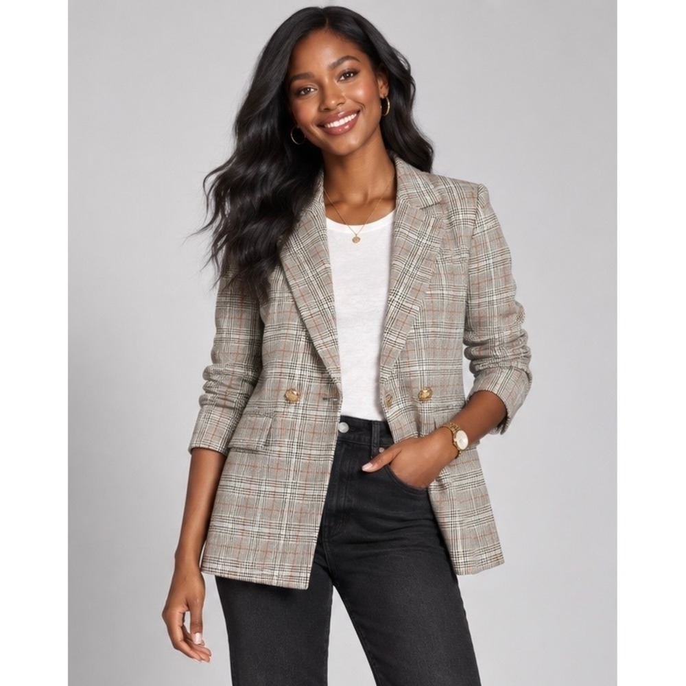 BuddyLove Avery-3 Plaid Double Breasted Blazer Tan Brown Gold Buttons Small NEW